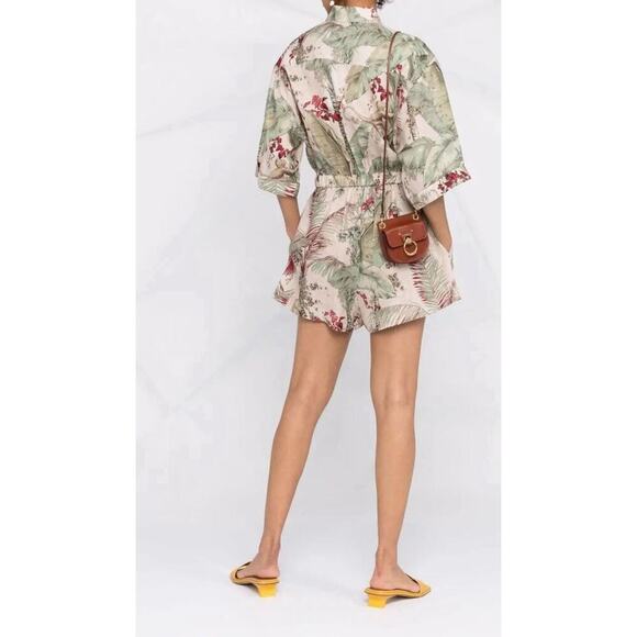 ZIMMERMANN Cassia Jungle Print Drawstring Linen Playsuit Button Romper AU 1 US 6 - Picture 4 of 16